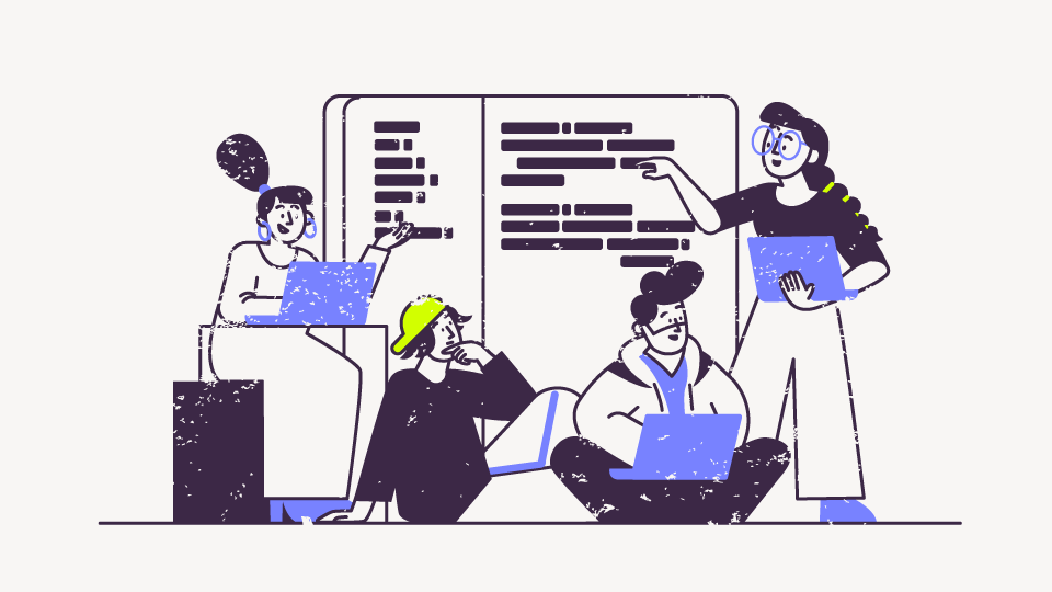 Eine Illustration mit mehreren Figuren, die den Quellcode eines digitalen Projekts besprechen.