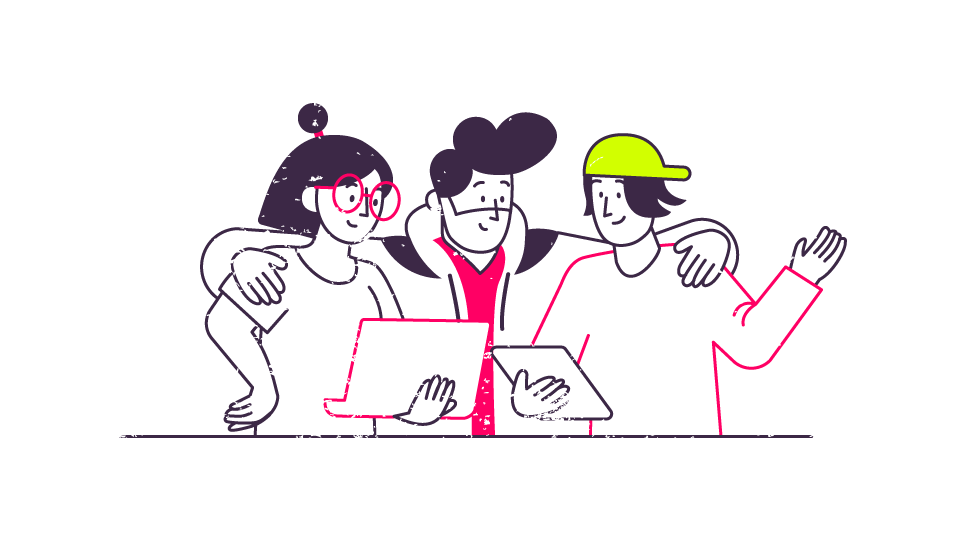 Eine Illustration mit drei Personen, die gemeinsam an einem Projekt arbeiten.
