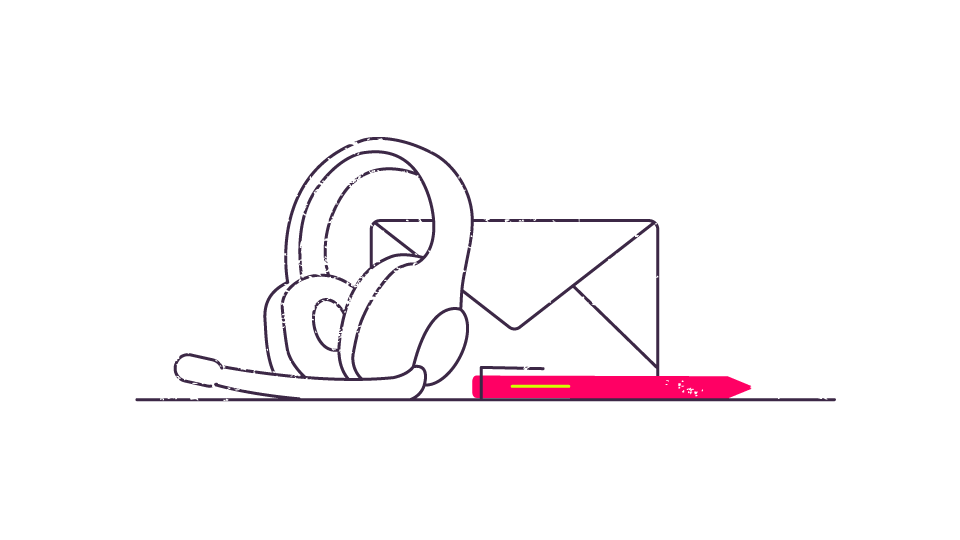 Eine Illustration mit Headset, Briefumschlag und Kugelschreiber, die für den Kontaktbereich stehen.