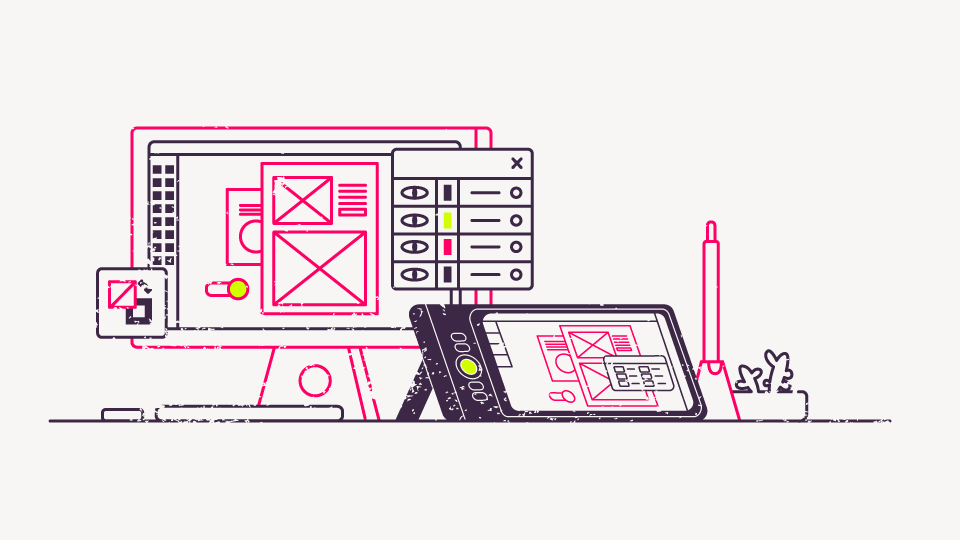 Eine Illustration mit einem Computer und Grafiktablett, worauf Grafikprogramme abgebildet sind.