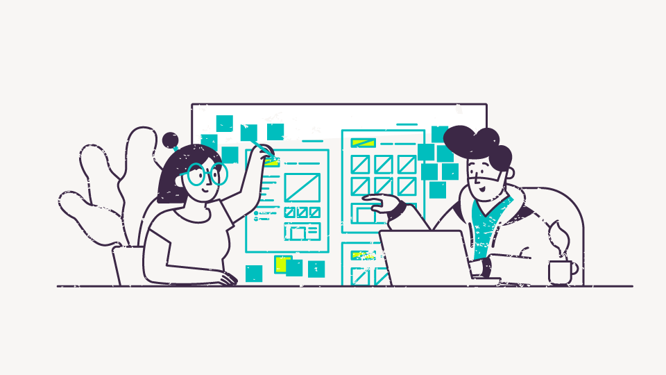 Eine Illustration mit zwei Personen, die an der Struktur einer Webseite arbeiten.